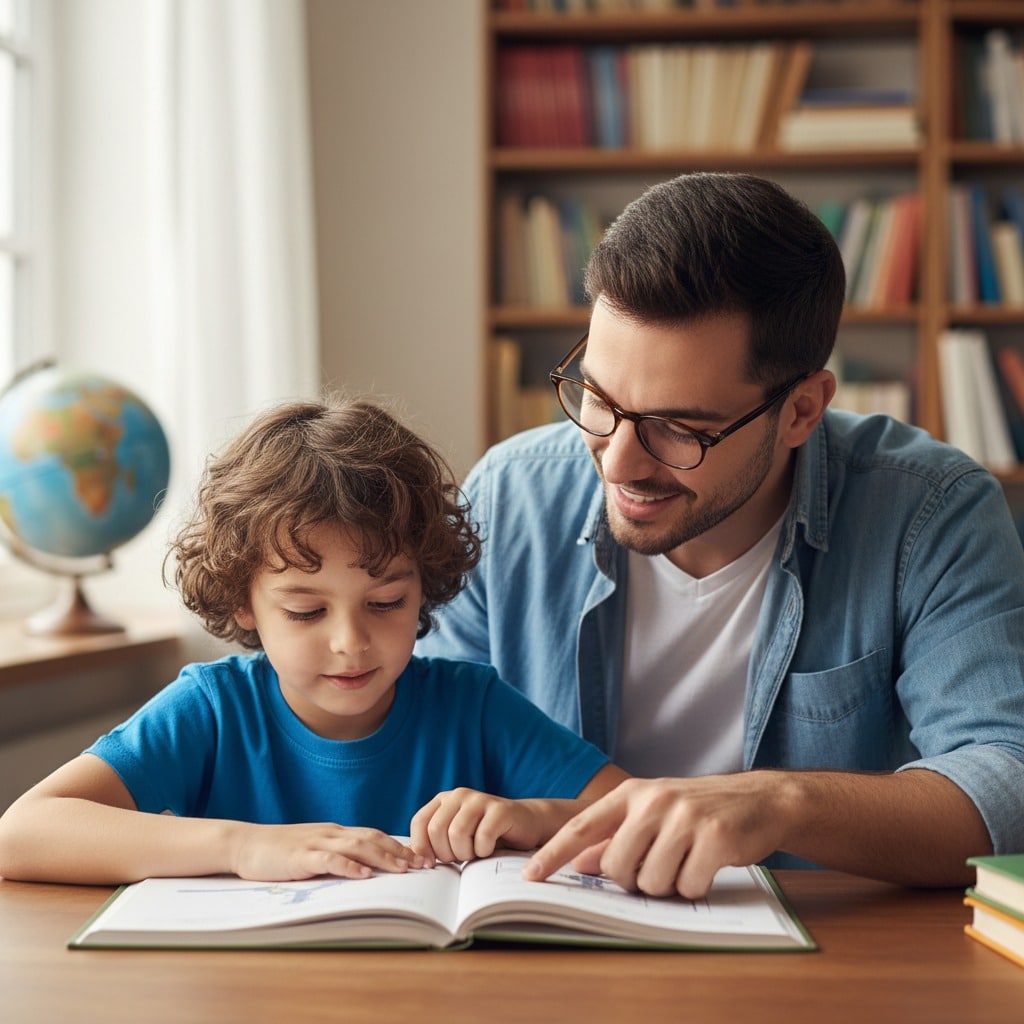 Um pai de óculos sorri enquanto ajuda o filho pequeno a ler um livro numa secretária de madeira.