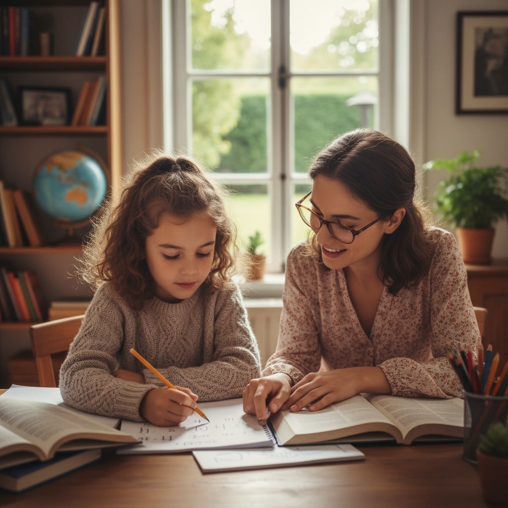 Uma professora ajuda uma menina a escrever num caderno numa sala de estudo com livros e um globo terrestre ao fundo.